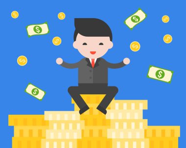 Altın sikke, başarılı genç girişimci kavramı, düz tasarım, vektör çizim yığını üzerinde oturan işadamı