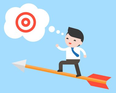 Arama başarı hedefi, düz tasarım, vektör çizim ok uçan üzerinde işadamı standı