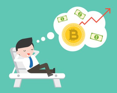 İşadamı beach yatak hayal bitcoin artış değeri, düz tasarım cryptocurrency konsepti, vektör çizim hakkında lay