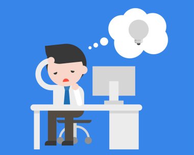 Ofiste oturan ve sıkıcı duygu işadamı çünkü bir çözüm için düz tasarımı motivasyon iş durum kavramı, vektör çizim hakkında fikir eksikliği