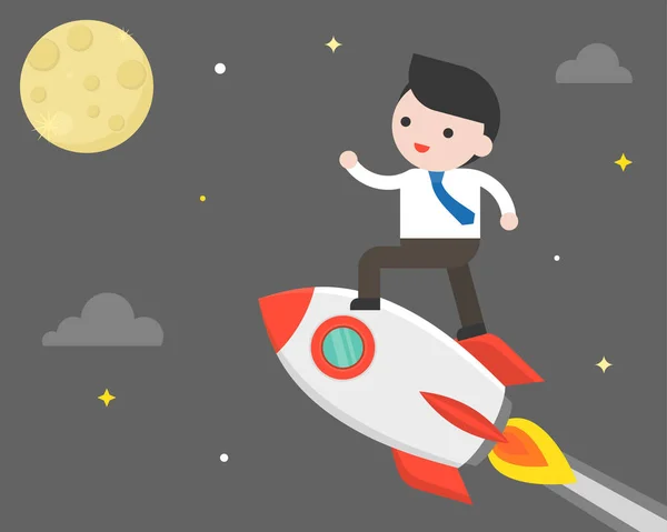 Businessman on rocket flying to the moon, mission to the moon concept, vector illustration