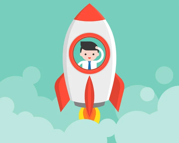 Businessman in launching rocket, start up concept, vector illustration