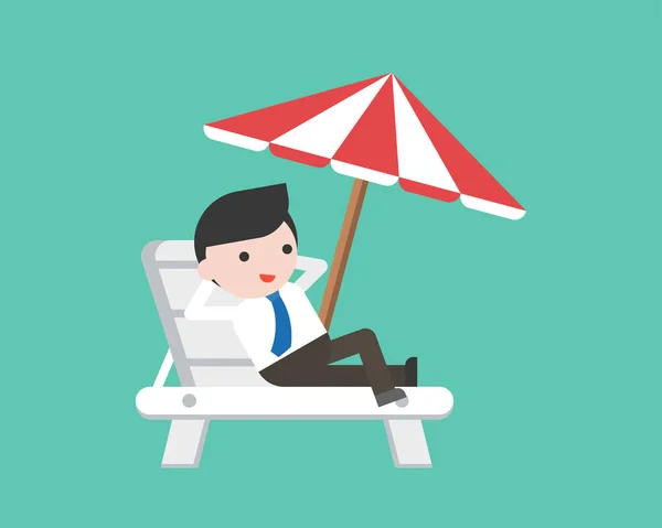 Businessman relaxing on beach chair with umbrella, flat design, vector illustration