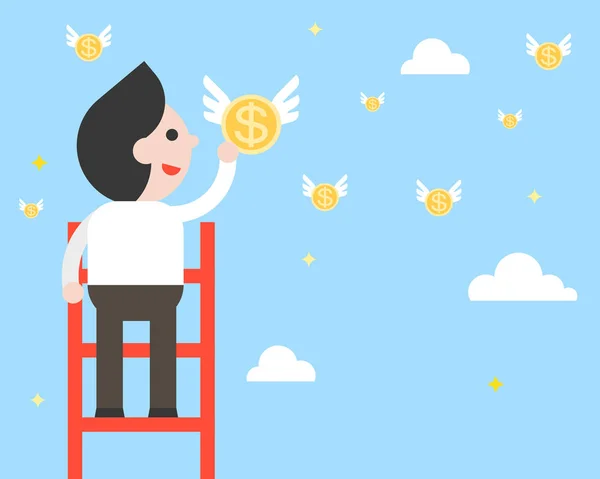 Businessman on ladder pick a flying coins from sky, flat design, vector illustration