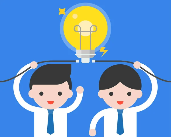 Two Businessmen Connect Lightbulb Flat Design Business Situation Brainstorm Teamwork — Stock Vector