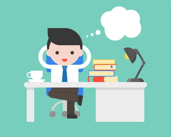 Businessman sitting after desk and speech bubble, flat design business situation concept, vector illustration