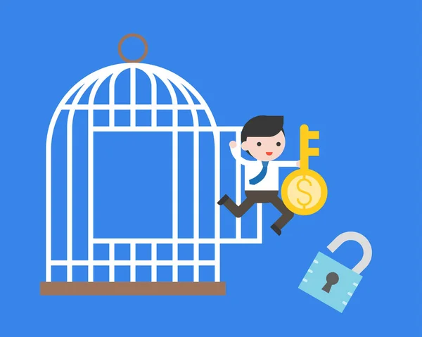 Businessman jumping from cage with money key and lock, flat design freedom financial concept, vector illustration