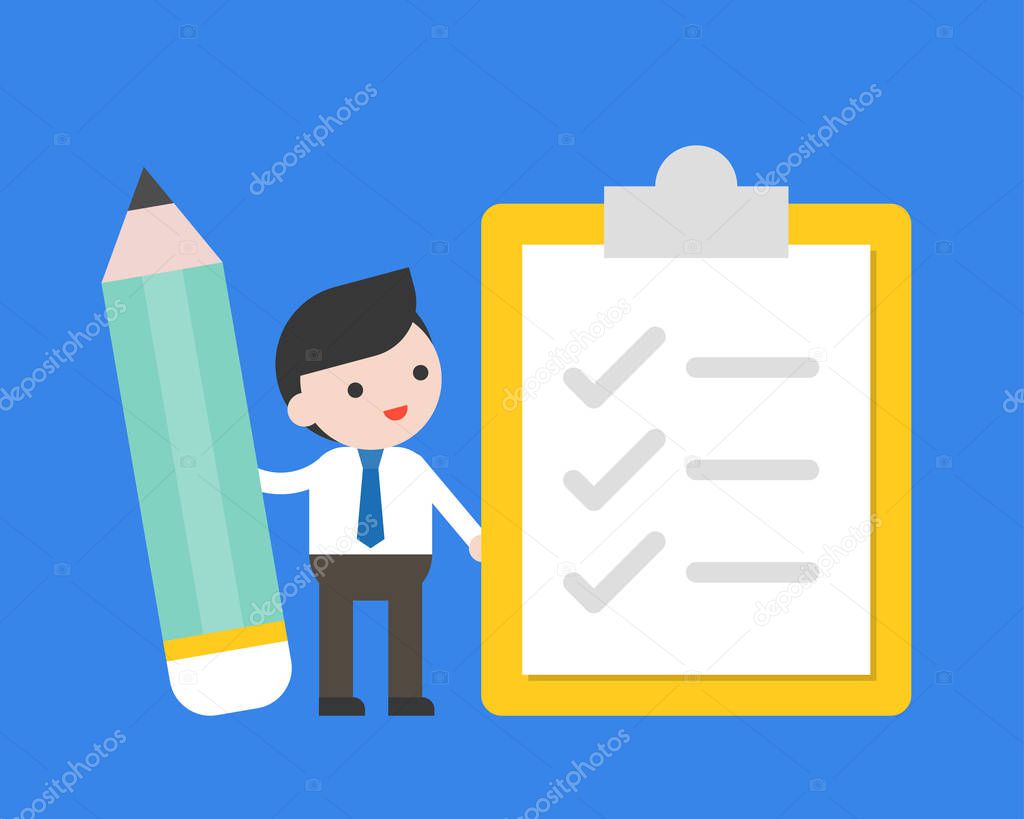 Businessman holding pencil with check list, flat design survey and to do list concept, vector illustration