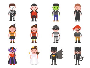 çocuk cadı, korsan, iskelet, melek ya parani ya canini posteri veya başlığı, vektör çizim için düz tasarım gibi festival karakterler Halloween kılık
