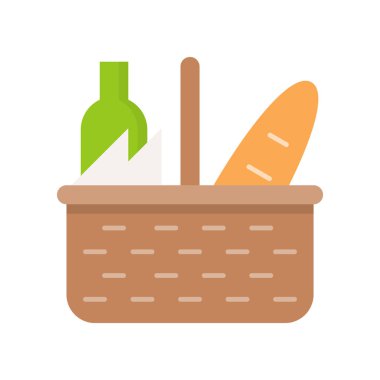 piknik sepeti ekmek ve şişe, düz simgesi tasarım, vektör çizim ile