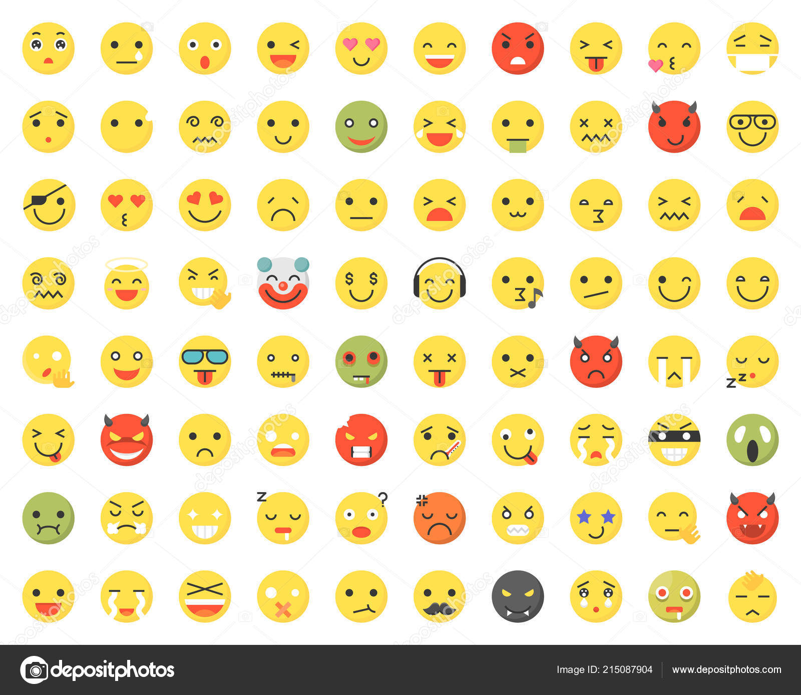 Collection Different Colored Emojis Emotions Isolated White Stock