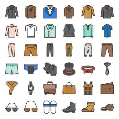 Erkek giysi ve aksesuarları düz Tasarım Icon set 