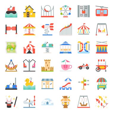 Eğlence Parkı simgesi ve sikke işletilen binmek, düz tasarım Icons set