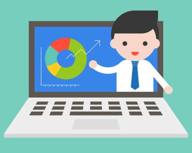 iş afiş grafik, vektör çizim ile dizüstü ekranında işadamı ile