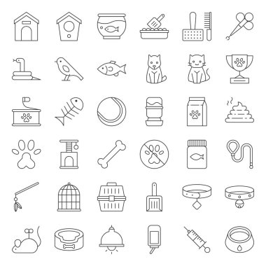 Beyaz arka plan üzerinde izole evde beslenen hayvan dükkan simgeler kümesi