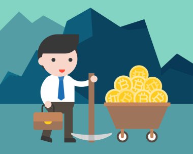basit iş afiş altın madeni bitcoins, vektör çizim sepeti ile ayakta işadamı ile 