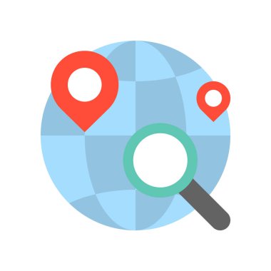 Dünya gezinti pimleri ve Büyüteç basit simgesini, vektör çizim, lojistik kavramı ile