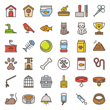 Beyaz arka plan üzerinde izole evde beslenen hayvan dükkan simgeler kümesi