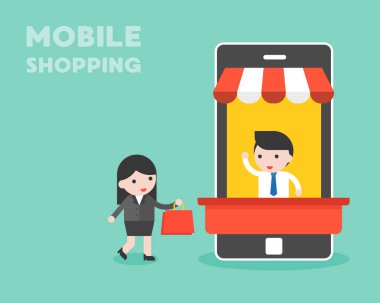 Mobil alışveriş ve iş kavramı vektör çizimi