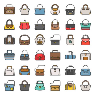 Moda çanta çeşitli çerçeve çanta, taşımak, Eko çanta, varil, kot pantolon, evrak çantası, kadın cüzdan, anahat Icon set gibi yazın 