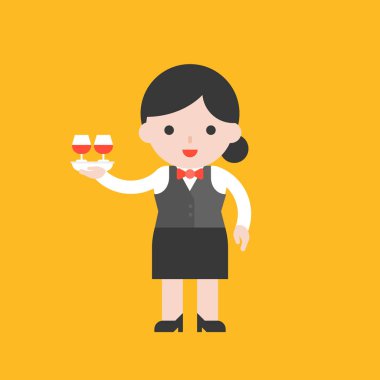 Garson iki bardak portakal arka plan üzerinde kırmızı şarap ile Tekdüzen holding tepsisinde