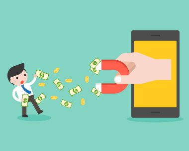 para mıknatıs ile smartphone, vektör çizim kaybetme işadamı ile iş banner