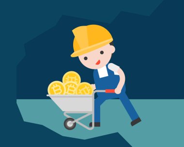 El arabası bitcoins, vektör çizim tam olan adam ile iş basit banner 