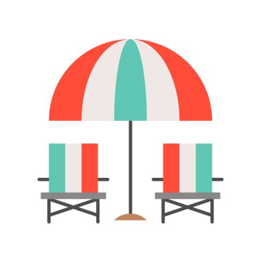 Çizgili çok renkli şemsiye ve sandalyeler yaz plaj düz simgesi