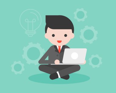 basit iş afiş ile dizüstü bilgisayar, vektör çizim çalışma işadamı ile 