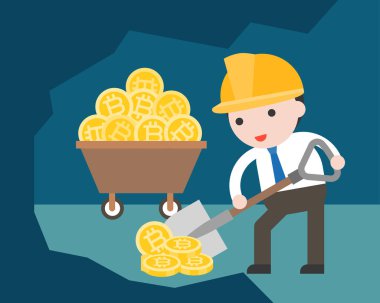 bitcoin için vektör çizim kazma kürek ile işadamı ile iş basit banner 