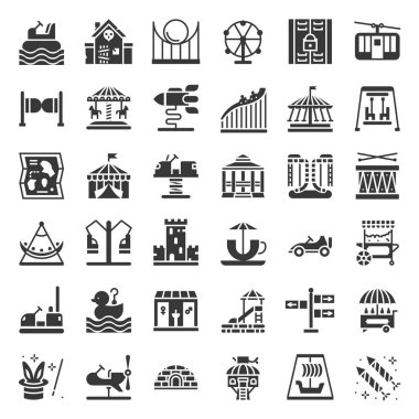 Eğlence Parkı simgesi ve sikke işletilen binmek, düz tasarım Icons set