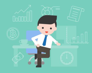 İşyerinde, vektör çizim oturan işadamı ile iş banner