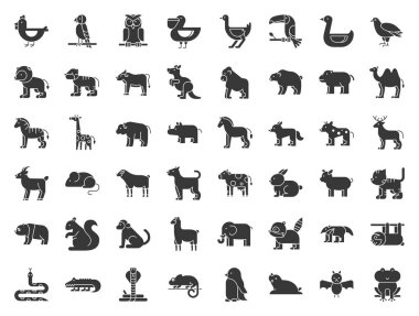 Safari, arctic, orman hayvan ve kuş kaplan, mühür, deve, tembellik, kanguru, kurbağa, pelikan, papağan, Tukan simgesi, doldurulmuş anahat simgesi gibi büyük kümesi