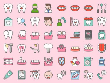 diş hekimi ve diş kliniği diş fırçası, diş çürüğü, yapmak gibi bir randevu, diş beyazlatma, diş aletleri, takma diş, diş ipi, simge, anahat simgesini dolu ile ilgili