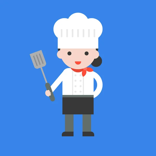 Chef Uniforme Tenant Spatule Sur Fond Bleu — Image vectorielle