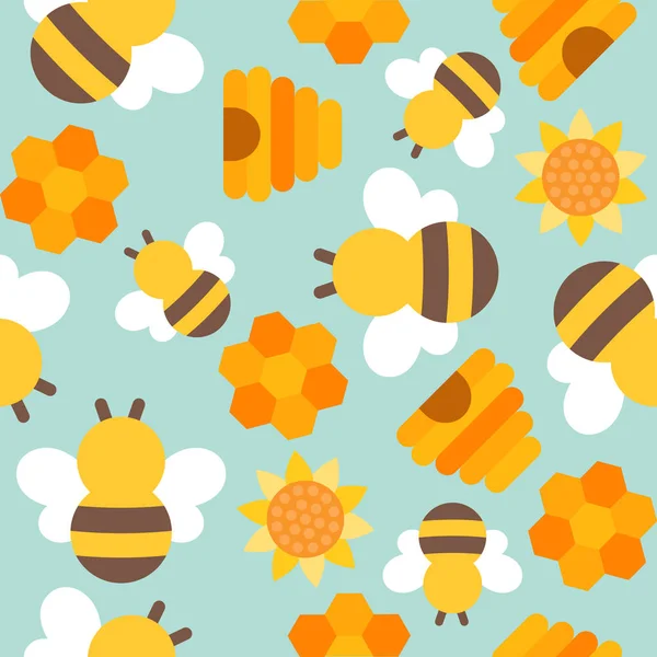 一套彩色蜜蜂 蜂巢和花在蓝色背景 — 图库矢量图片
