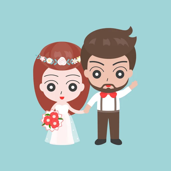 Lustiger Bräutigam Und Braut Halten Händchen Auf Blauem Hintergrund — Stockvektor