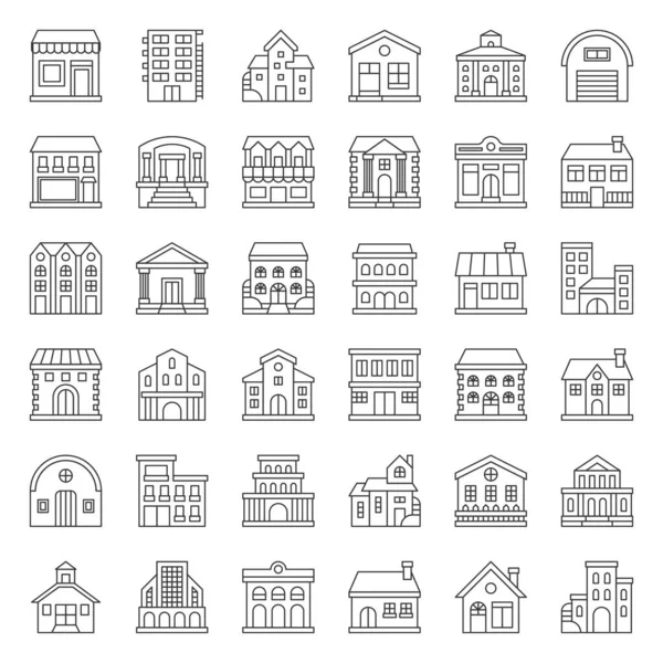 Construcción Edificios Conjunto Iconos Esquema — Vector de stock