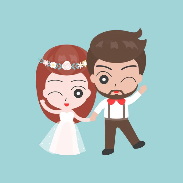 Hilarious Groom Bride Holding Hands Winking Blue Background — Stock Vector