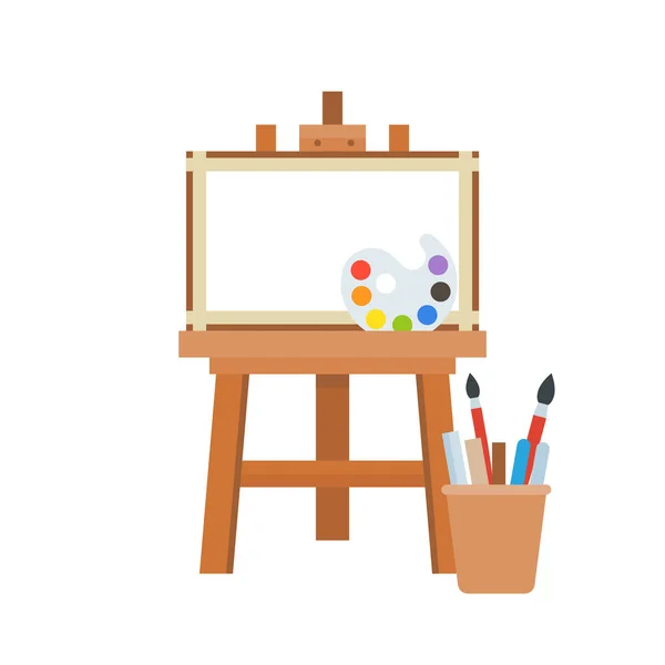 Easel Blank Canvas Painting Palette Brushes Isolated White — Stock Vector