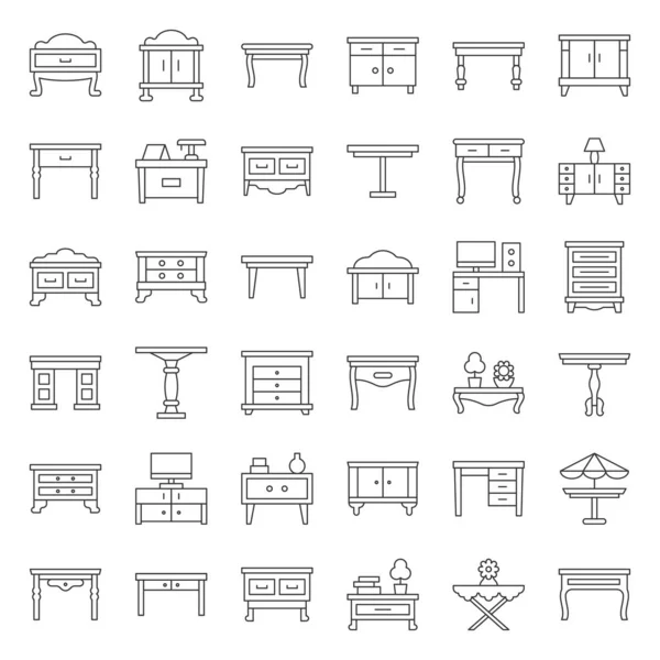 Modern Und Vintage Tisch Und Schreibtisch Gefüllte Umrisse Icon Set — Stockvektor