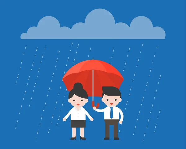 business banner with businessman and businesswoman standing under umbrella together, vector illustration