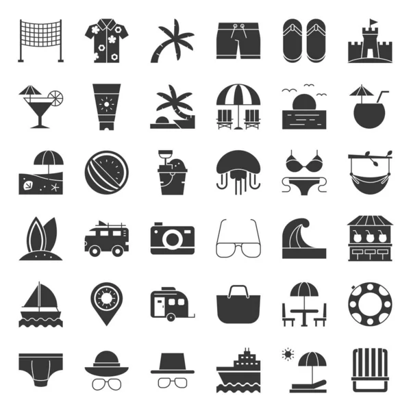 Conjunto Varios Iconos Con Concepto Playa Ilustración Vectorial — Vector de stock