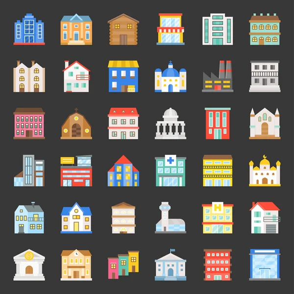 Construcción Edificios Conjunto Iconos Esquema — Vector de stock