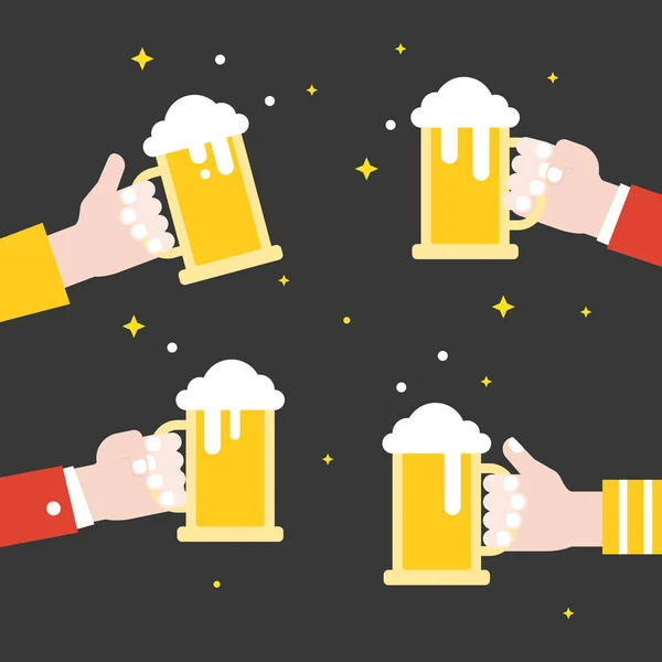 cropped image of people holding glasses of beer on black background with stars