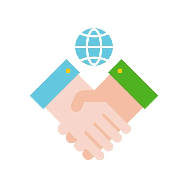 Cropped View People Shaking Hands Earth Model Isolated White Environment — Stock Vector