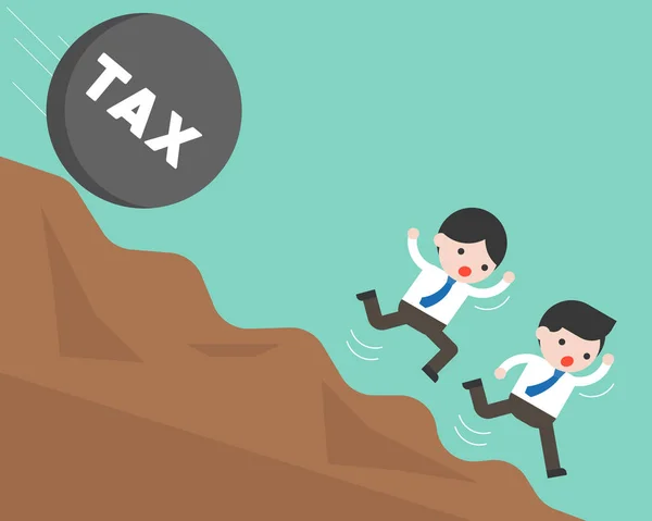 simple business banner with businessmen running from tax boulder, vector illustration