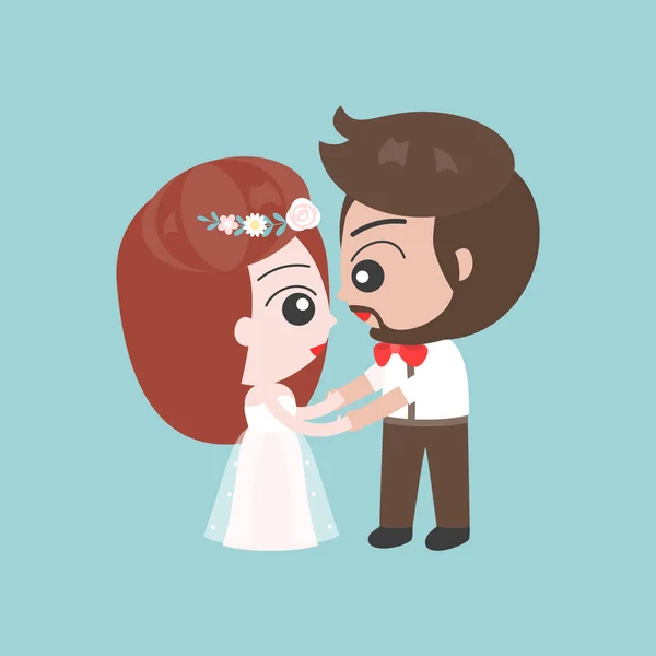 Hilarious Groom Bride Holding Hands Looking Each Other Blue Background — Stock Vector