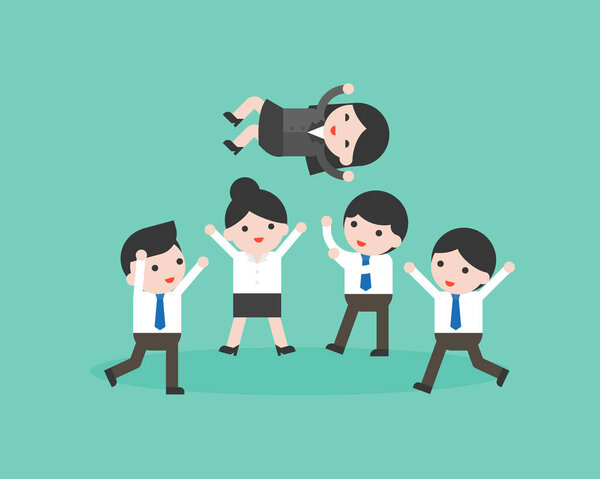 business banner with business people throwing colleague up, vector illustration