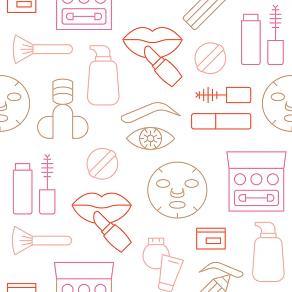 Seamless Pattern Outline Icons Cosmetic Make Set — Stock Vector